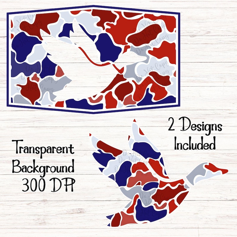 K&ouml;nnte beinhalten: Zwei Enten-Designs mit einem Tarnmuster in Rot, Wei&szlig; und Blau. Ein Design ist eine Entensilhouette in einem rechteckigen Rahmen. Das zweite Design ist eine Ente im Flug. Der Text "Transparent Background 300 DPI" und "2 Designs Included" sind ebenfalls vorhanden.