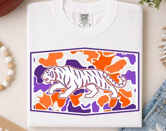 Tigers PNG Design Sublimation Lila, Orange Tigers Digitaler Download Fußball PNG Camo Fußball Tiger Sublimation Spirit Design