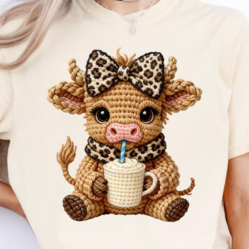 May include: A cream-colored t-shirt featuring a crocheted cow illustration. The cow has a brown body, a pink nose, and a leopard print bow and scarf. It holds a white mug with a blue straw, creating a charming and whimsical design.