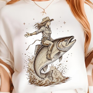 Shirt cowboy rijdt op een vis, vintage shirt cowgirl tattoo, grappige westerncowboy-t-shirt, oversized grafisch T-shirt jaren 90, retro rodeo meme