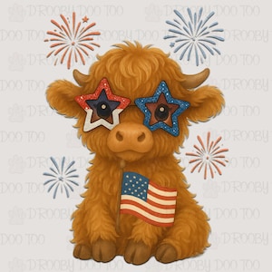 Watercolor Patriotic Highland Cow Clipart, July 4th Spring Highland Cow Shirt PNG Design, Baby Cow Clipart, USA Patriotic Sublimation Design