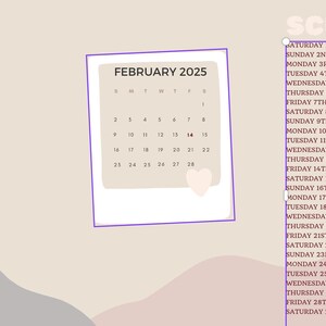 Pode incluir: Uma página de planejador digital com um calendário de fevereiro de 2025 com um coração. Uma programação de eventos é listada no lado direito. O fundo é bege claro com formas abstratas.