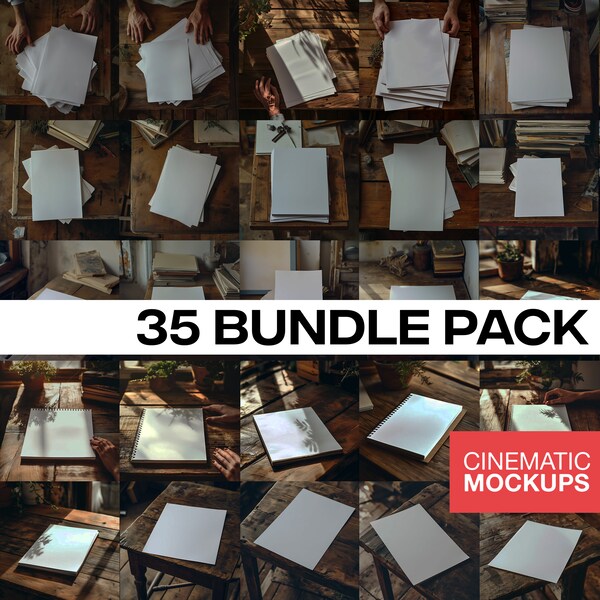 35 Paper MockUps A4 sheet Mock up Bundle, vintage aesthetic Photography Styled Stock Photo Template block notes paperwork Prints Posters JPG