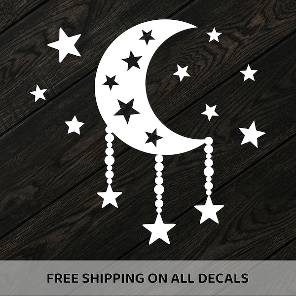 Crescent Moon And Stars Vinyl Decal | Night Sky Celestial Bumper Sticker | Falling Stars Lunar Baby Decor | Choose Size/Color