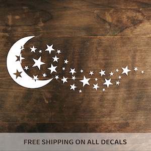Moon And Stars Vinyl Decal | Night Sky Celestial Car Bumper Sticker | Lunar Outdoors Nature | Choose Size/Color
