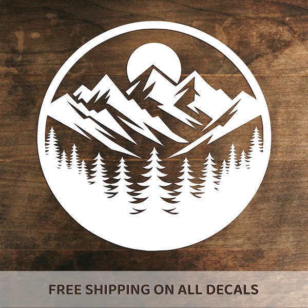 Sunset Mountain Range And Trees Vinyl Decal | Wilderness Adventure Sticker | Hiking Camping Climbing Gift, Decor | Choose Size/Color