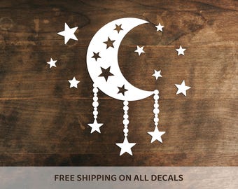Crescent Moon And Stars Vinyl Decal | Night Sky Celestial Bumper Sticker | Falling Stars Lunar Baby Nursery Decor | Choose Size/Color