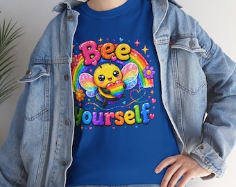 Koszulka z tęczową pszczołą „Bee Yourself” | Koszulka bawełniana Positive Pride