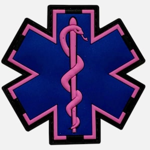 May include: A blue Star of Life emblem with a pink border and a pink staff of Asclepius in the center. The emblem has a black outline. This medical symbol is commonly used to identify emergency medical services.