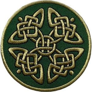 May include: A green circular patch with a gold Celtic knot design. The knot is a complex interwoven pattern of four loops.