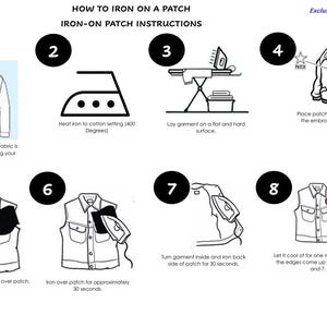 Puede incluir: Una gu&iacute;a paso a paso sobre c&oacute;mo planchar un parche. Las instrucciones incluyen colocar el parche en una prenda, plancharlo durante 30 segundos, voltear la prenda del rev&eacute;s y planchar la parte posterior del parche durante 30 segundos.