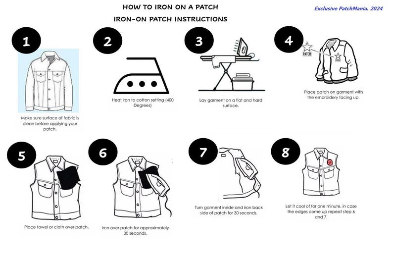 Puede incluir: Una gu&iacute;a paso a paso sobre c&oacute;mo planchar un parche. Las instrucciones incluyen colocar el parche en una prenda, plancharlo durante 30 segundos, voltear la prenda del rev&eacute;s y planchar la parte posterior del parche durante 30 segundos.