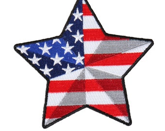 Pode incluir: Uma bandeira americana vermelha, branca e azul em forma de estrela.
