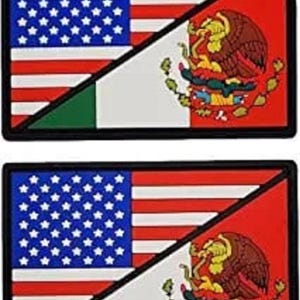 May include: Two rectangular patches with the American flag and the Mexican flag. The flags are cut diagonally and overlap, with the American flag on top and the Mexican flag on the bottom. The patches are black with a white border.