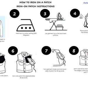 May include: A step-by-step guide on how to iron on a patch. The instructions include placing the patch on a garment, ironing it for 30 seconds, turning the garment inside out, and ironing the back side of the patch for 30 seconds.