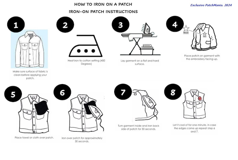May include: A step-by-step guide on how to iron on a patch. The instructions include placing the patch on a garment, ironing it for 30 seconds, turning the garment inside out, and ironing the back side of the patch for 30 seconds.