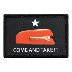 Rode nietmachine Come and Take It Office Space 3,0-inch patch (geborduurde haak)