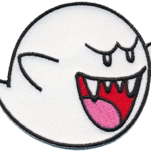 May include: White ghost with a black outline and a wide open mouth with red teeth and a pink tongue. The ghost has black eyes and a black eyebrow.