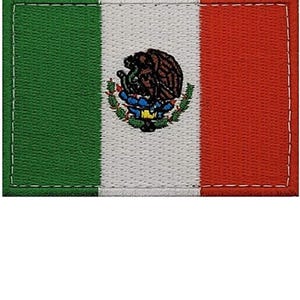 May include: A green, white, and red embroidered patch with the Mexican coat of arms in the center.