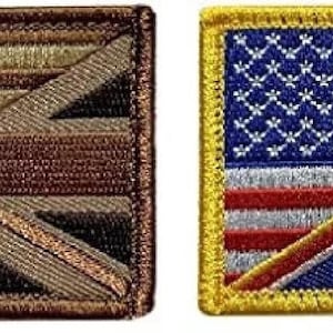 May include: Two embroidered patches, one with the American flag and the other with the Union Jack, both with the flags overlapping diagonally.