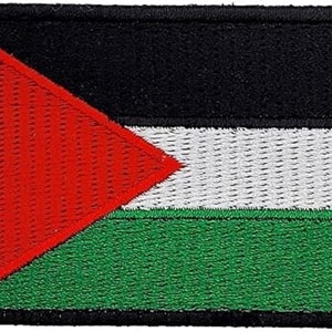 May include: A black, white, and green embroidered patch with a red triangle in the top left corner. The patch is a representation of the Palestinian flag.