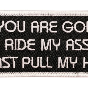 May include: Black rectangular patch with white embroidered text: "IF YOU ARE GOING TO RIDE MY ASS AT LEAST PULL MY HAIR." The patch has a white border.