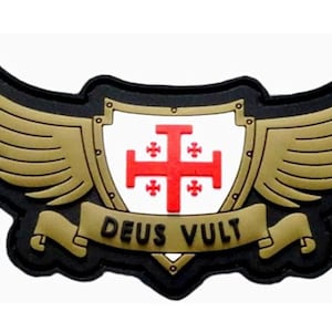 Deus Vult Cross Shield Patch: Christian Templar Knight, Gold Rubber (3.5 Inch)