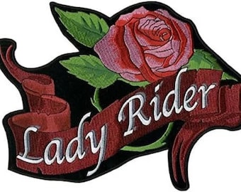 レディライダーローズバナー、刺繍アイロン接着・縫い付けレーヨンパッチ - 3インチ x 2インチ