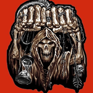 May include: A skeletal hand with chains and an hourglass, holding up a hooded figure with a skull face. The figure is wearing a dark robe and has a skeletal hand on each side.