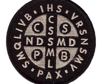 St. Benedict Cross Medal  3.0 Inch Patch (Embroidered Hook) (Black/Tan)