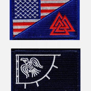 May include: Two embroidered patches. The first patch is blue with a red, white, and blue American flag on the left side and a red Valknut symbol on the right side. The second patch is blue with a white embroidered image of a raven on a shield.