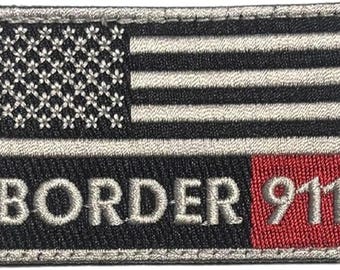 Border 911 Flag Patch: Red and Silver Embroidered Hook Fastener (3x2 Inch)