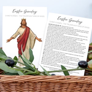 May include: Easter Sunday printable with a hand-drawn illustration of Jesus Christ in a red robe and a gold crown. The text reads "Easter Sunday, Christ is risen - The Triumphant King of Kings".