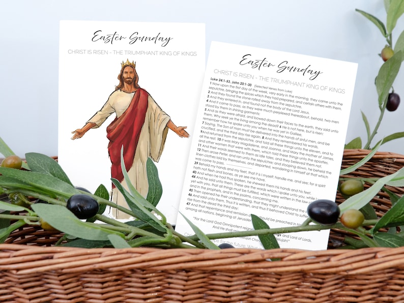 May include: Easter Sunday printable with a hand-drawn illustration of Jesus Christ in a red robe and a gold crown. The text reads "Easter Sunday, Christ is risen - The Triumphant King of Kings".