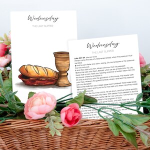 May include: A printable card with a watercolor illustration of a loaf of bread and a chalice. The card has the text "Wednesday, The Last Supper" at the top. The card also includes a passage from the Bible, Luke 22:7-19.