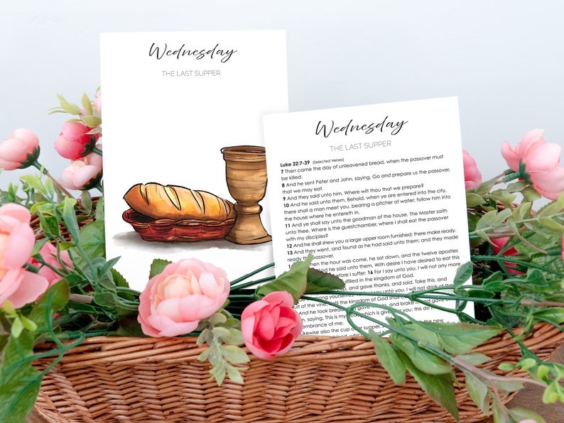 May include: A printable card with a watercolor illustration of a loaf of bread and a chalice. The card has the text "Wednesday, The Last Supper" at the top. The card also includes a passage from the Bible, Luke 22:7-19.