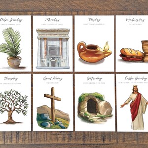 May include: Eight illustrated cards depicting scenes from the Holy Week and Easter. Each card features a watercolor illustration and text describing the event. The cards are arranged in two rows of four.