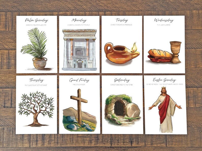 May include: Eight illustrated cards depicting scenes from the Holy Week and Easter. Each card features a watercolor illustration and text describing the event. The cards are arranged in two rows of four.