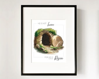 Printable He is Not Here, He is Risen Sign- Black | Digital Download Art | Christian Wall Art | Easter Bible Verse | Holy Week