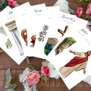 May include: A set of five illustrated cards depicting the events of Holy Week and Easter Sunday. The cards feature images of a palm branch, a column, a bread basket, an olive branch, a cross, and Jesus Christ. The text on the cards reads "Palm Sunday", "Monday", "Wednesday", "Good Friday", "Saturday", and "Easter Sunday".