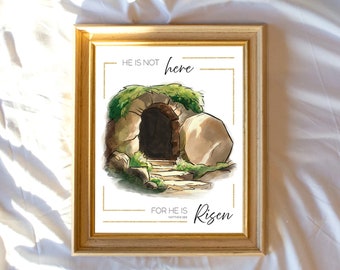 Printable He is Not Here, He is Risen Sign- GOLD | Digital Download Art | Christian Wall Art | Easter Bible Verse | Holy Week