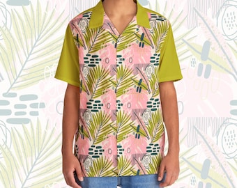 Men's Hawaiian Shirt Pink Green Tropical Floral Pattern Retro Rockabilly Style Short Sleeve Casual Dress Shirt Gift for Dad