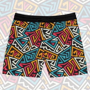Men&#39;s Mid-Length Swim Shorts Retro Design Surf Sea Beach Bathing Suit 1980s Style