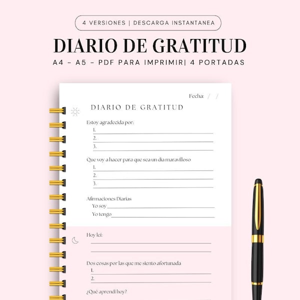Diario de Gratitud en Español FORMATO DIARIO | PDF 4 Versiones | 4 Portadas