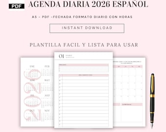 PDF- Agenda 2026 Imprimible, Diaria, Un Dia por Pagina, con Horarios, ROSA, pdf Tamaño A5, 4 Portadas Color Pastel, Lista para imprimir