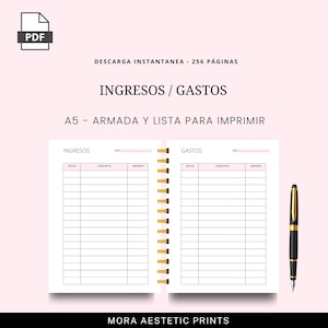 Puede incluir: Un planificador imprimible digital con el t&iacute;tulo "INGRESOS / GASTOS". El planificador est&aacute; abierto, mostrando p&aacute;ginas rayadas para ingresos y gastos, con una encuadernaci&oacute;n en espiral dorada. Un bol&iacute;grafo negro y dorado est&aacute; a la derecha. Tambi&eacute;n se ve el texto "A5 - ARMADA Y LISTA PARA IMPRIMIR".