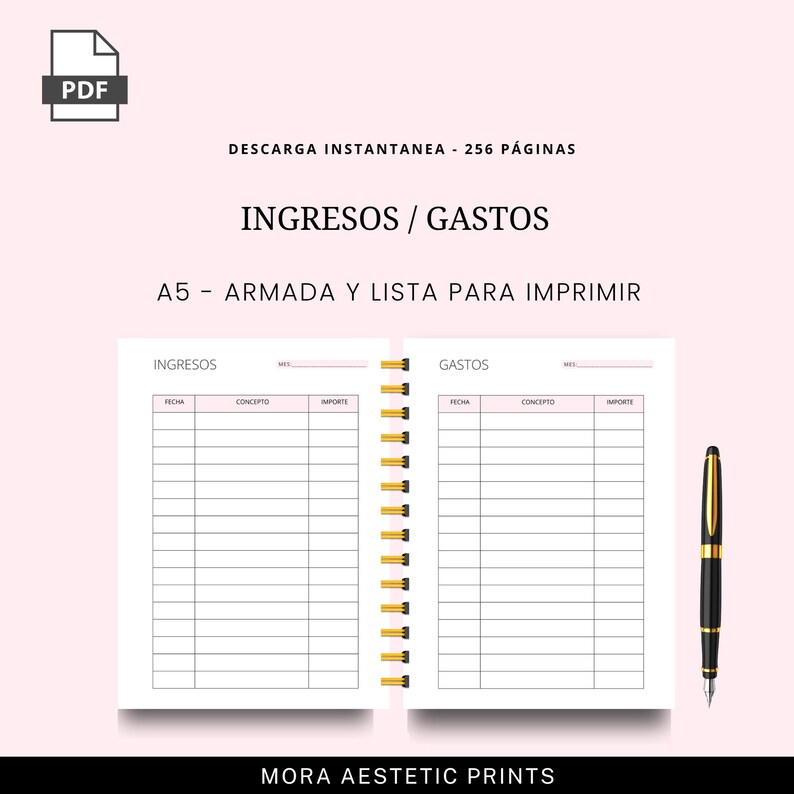 Puede incluir: Un planificador imprimible digital con el t&iacute;tulo "INGRESOS / GASTOS". El planificador est&aacute; abierto, mostrando p&aacute;ginas rayadas para ingresos y gastos, con una encuadernaci&oacute;n en espiral dorada. Un bol&iacute;grafo negro y dorado est&aacute; a la derecha. Tambi&eacute;n se ve el texto "A5 - ARMADA Y LISTA PARA IMPRIMIR".