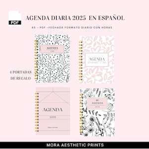 PDF- Agenda 2025 Imprimible, Diaria, Un Dia por Pagina, con Horarios, ROSA, pdf Tamaño A5, 4 Portadas Color Pastel, Lista para imprimir