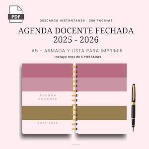 PDF| 2025–2026 Lehrerinnen-Agenda, datiert + 9 druckfertige Umschläge in Rosafarben, August 2025–Juli 2026