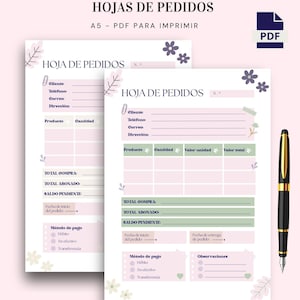 Hojas  de pedidos imprimible en español para pequeñas empresas Mantenga un registro de las ventas de sus clientes, registro de pedidos